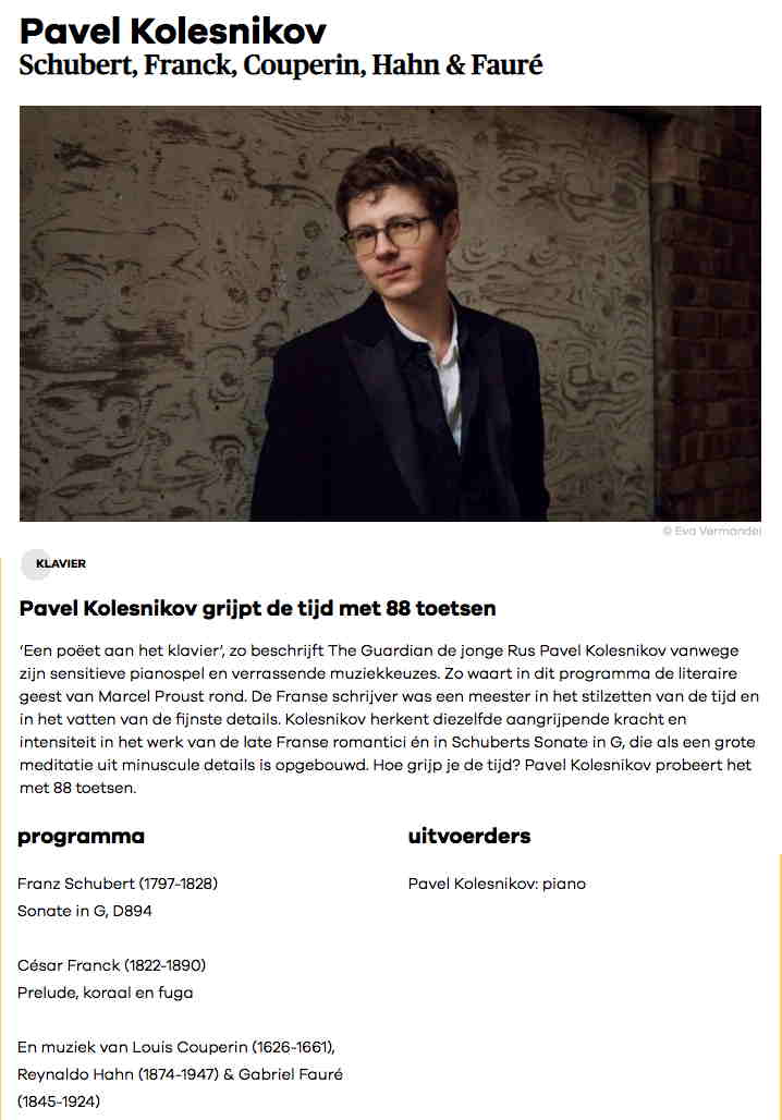 Page Internet. Concertgebouw Brugge. Pavel Kolesnikov - piano. Inleiding door Jan Christiaens. 2021-11-17